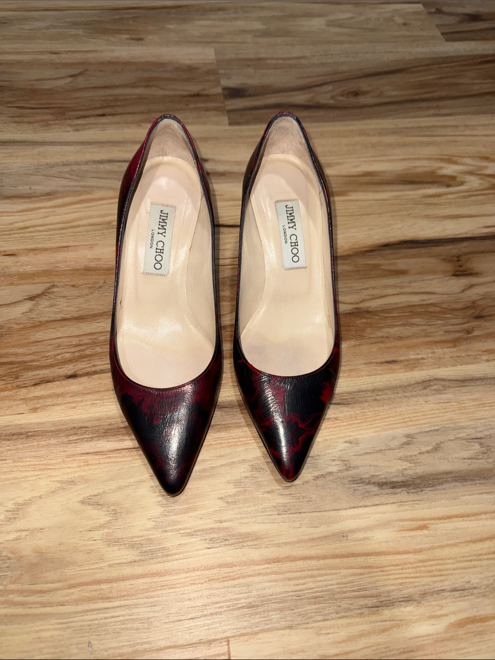 Jimmy Choo Red and Black Pointed Toe Leather Pumps